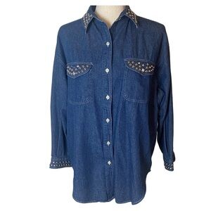 Vintage Bonjour women’s size M denim studded button down shirt 90’s Y2K disco